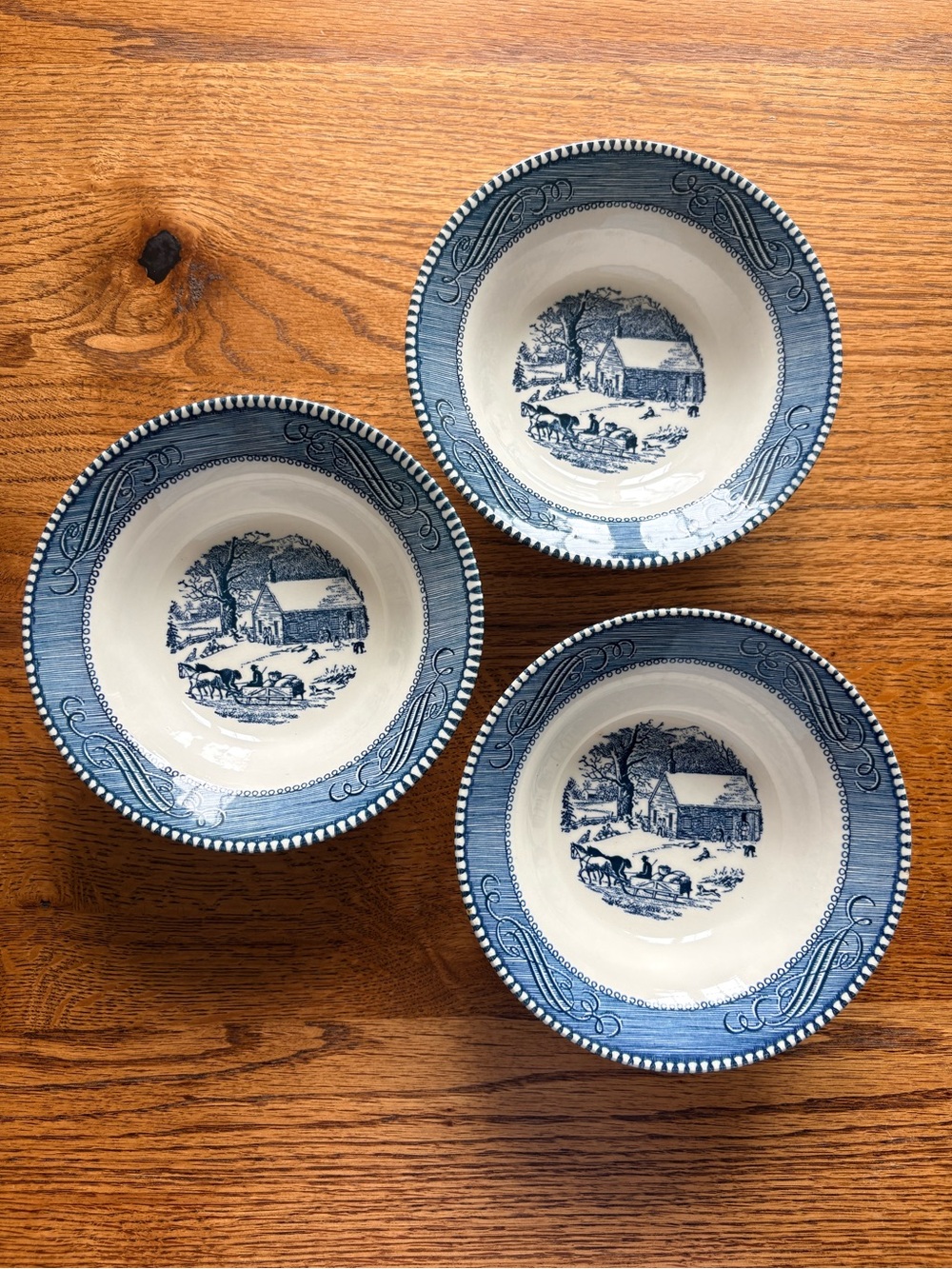 Vintage set of 3 Currier & Ives bowls- Schoolhouse design ~6.25 inches